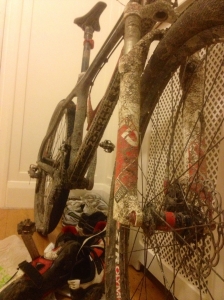 A common scene at my front door - muddy bike, muddy shoes. It will normally get attention after I make myself feel human again!